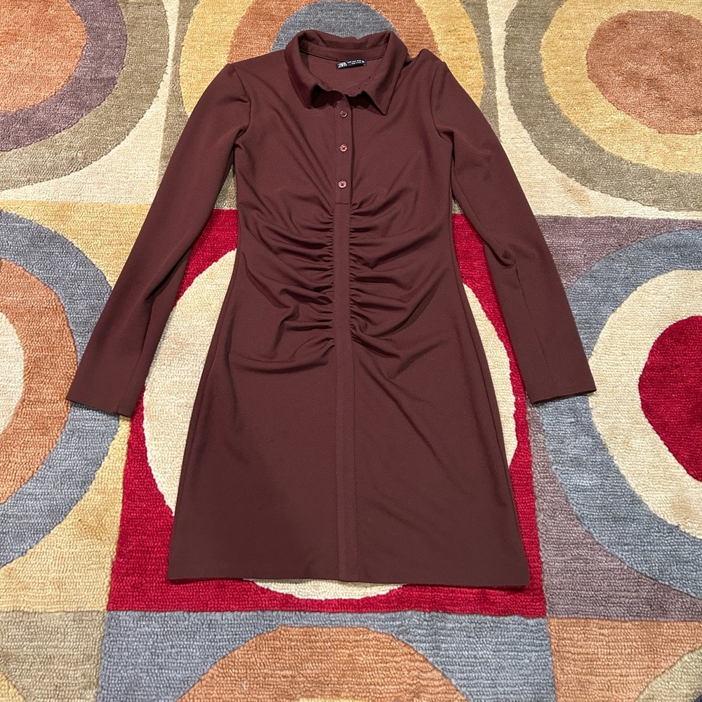 Zara Brown Long Sleeve Ruched Collar Button Fall Dress y2k Style Size Small